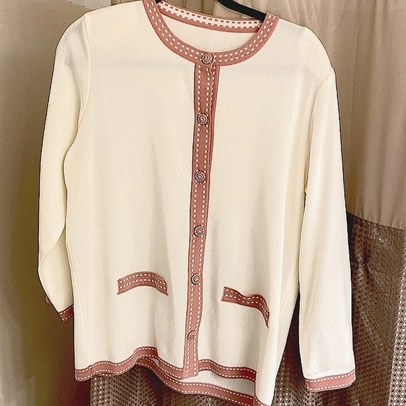 Beautiful pink and cream sweater jacket size L buttons down in front. - Picture 2 of 5